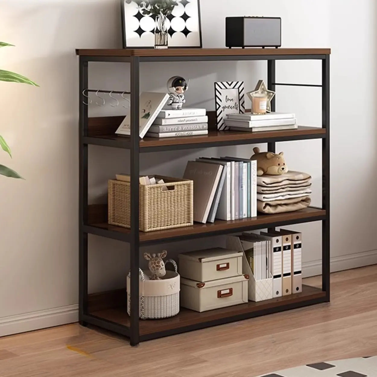Brown Wood Open Metal Frame Wide Bookcase — Walnut