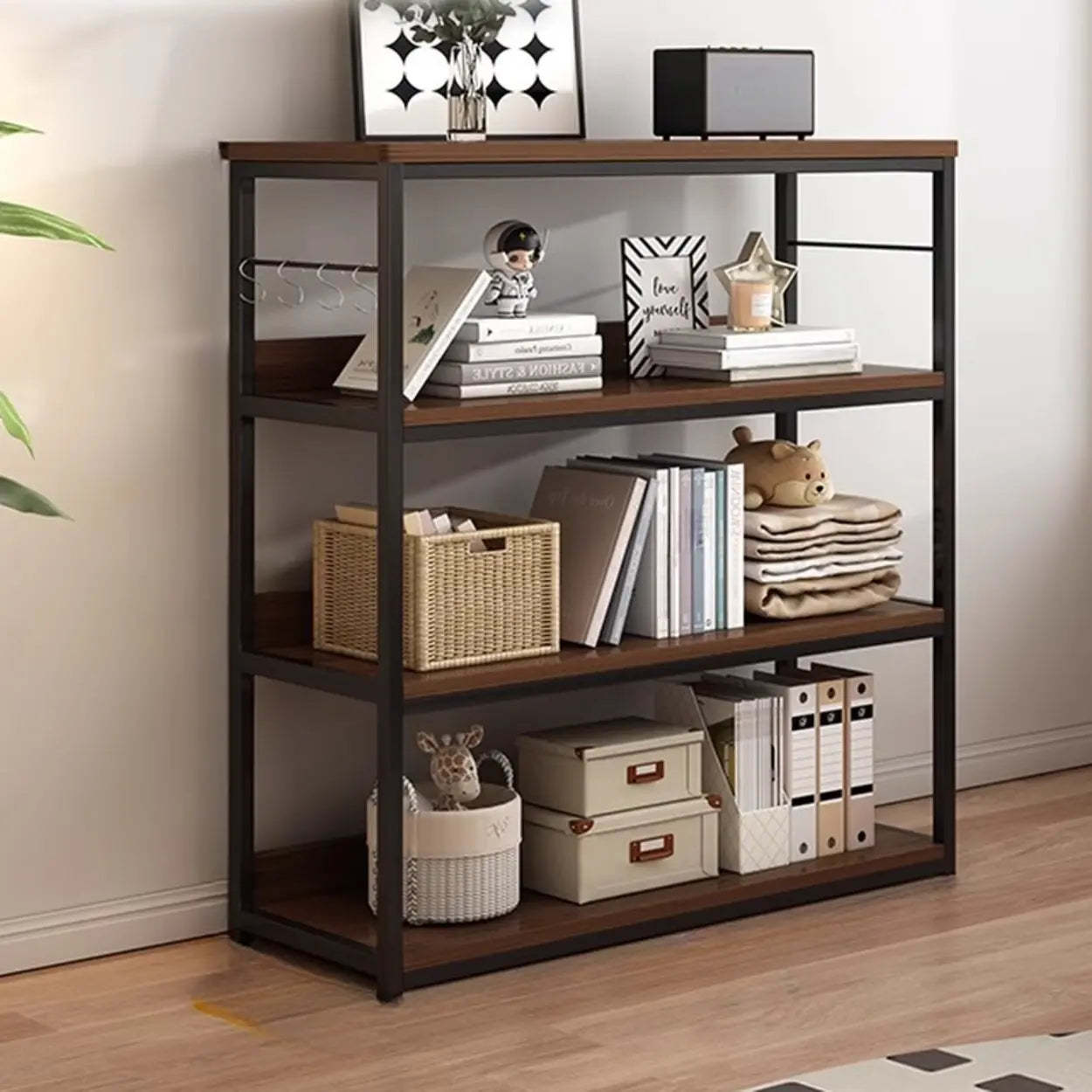 Brown Wood Open Metal Frame Wide Bookcase — Walnut