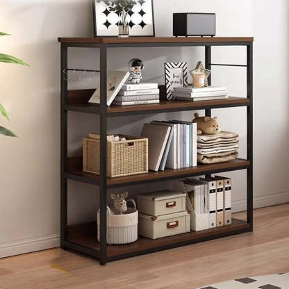 Brown Wood Open Metal Frame Wide Bookcase — Walnut