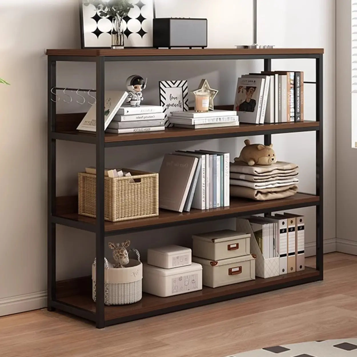 Brown Wood Open Metal Frame Wide Bookcase — Walnut