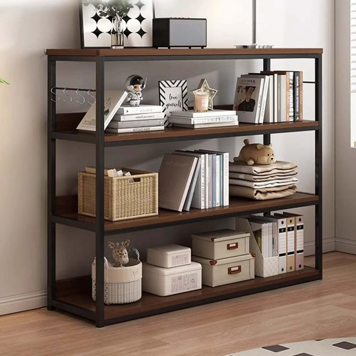 Brown Wood Open Metal Frame Wide Bookcase — Walnut