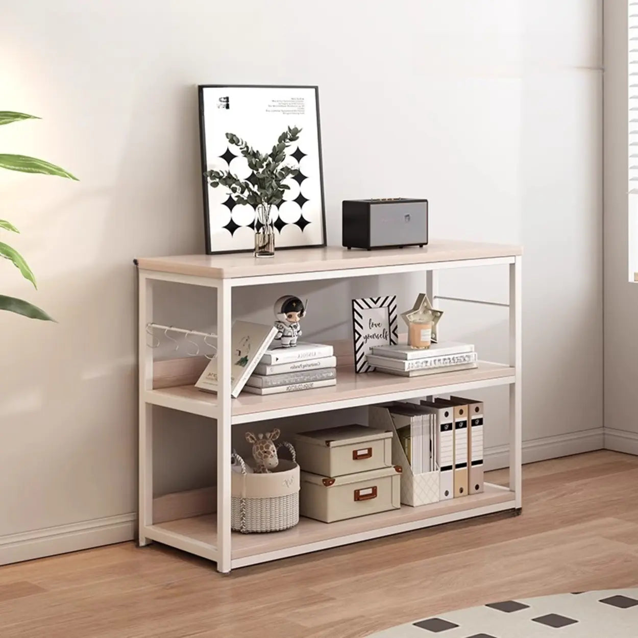 Brown Wood Open Metal Frame Wide Bookcase — Black