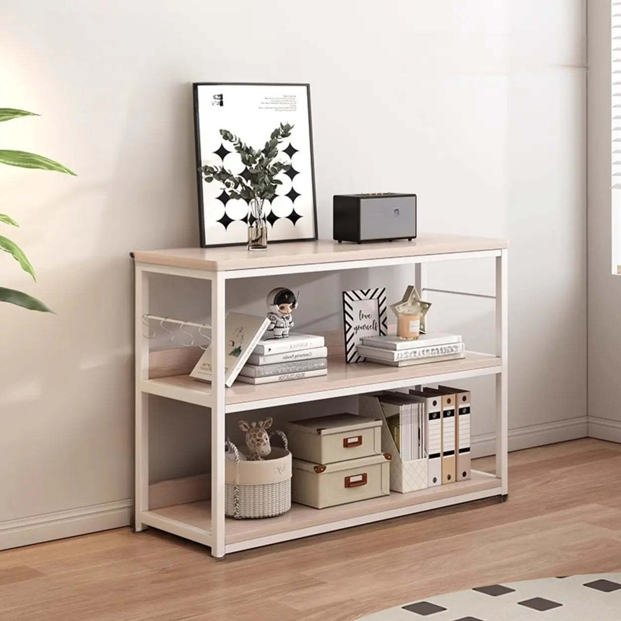 Brown Wood Open Metal Frame Wide Bookcase — Black