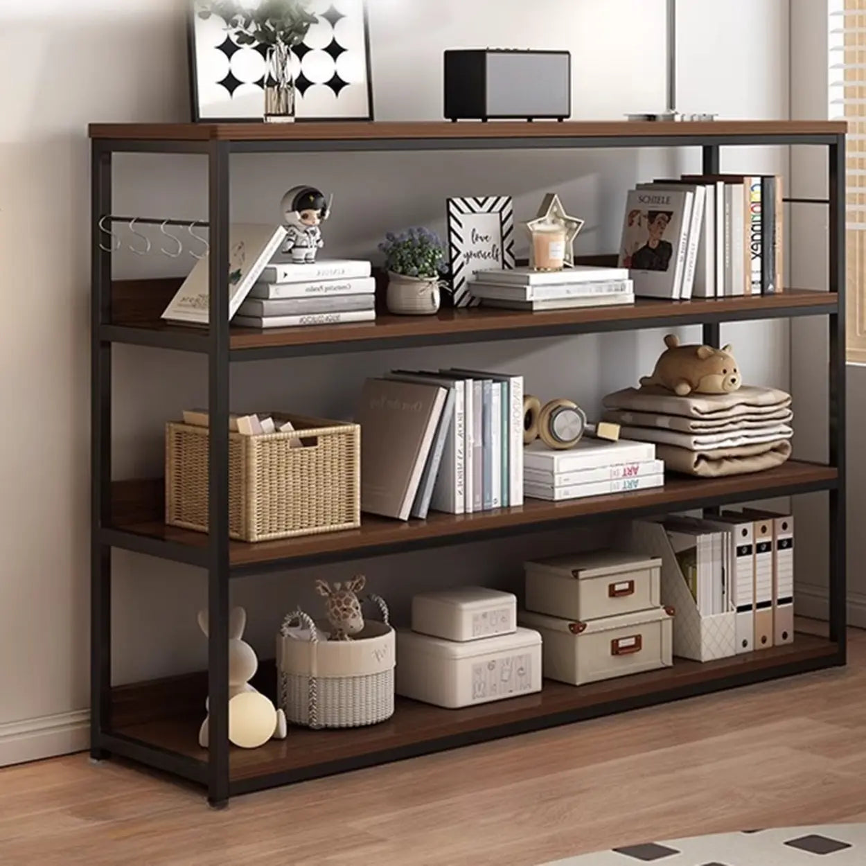 Brown Wood Open Metal Frame Wide Bookcase