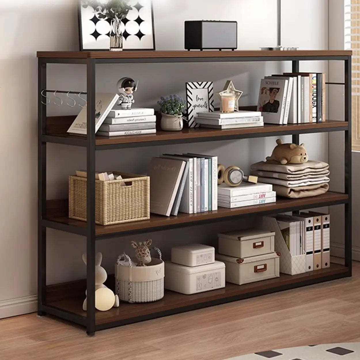 Brown Wood Open Metal Frame Wide Bookcase