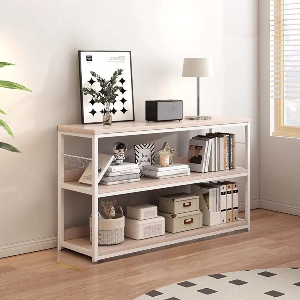 Brown Wood Open Metal Frame Wide Bookcase