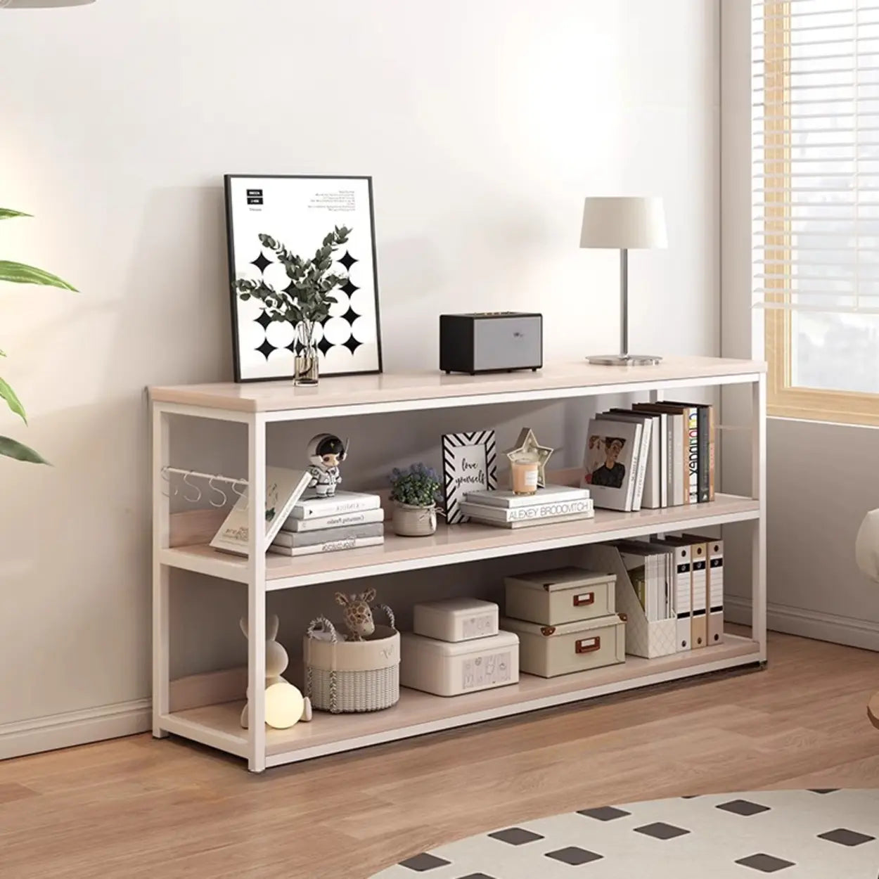 Brown Wood Open Metal Frame Wide Bookcase