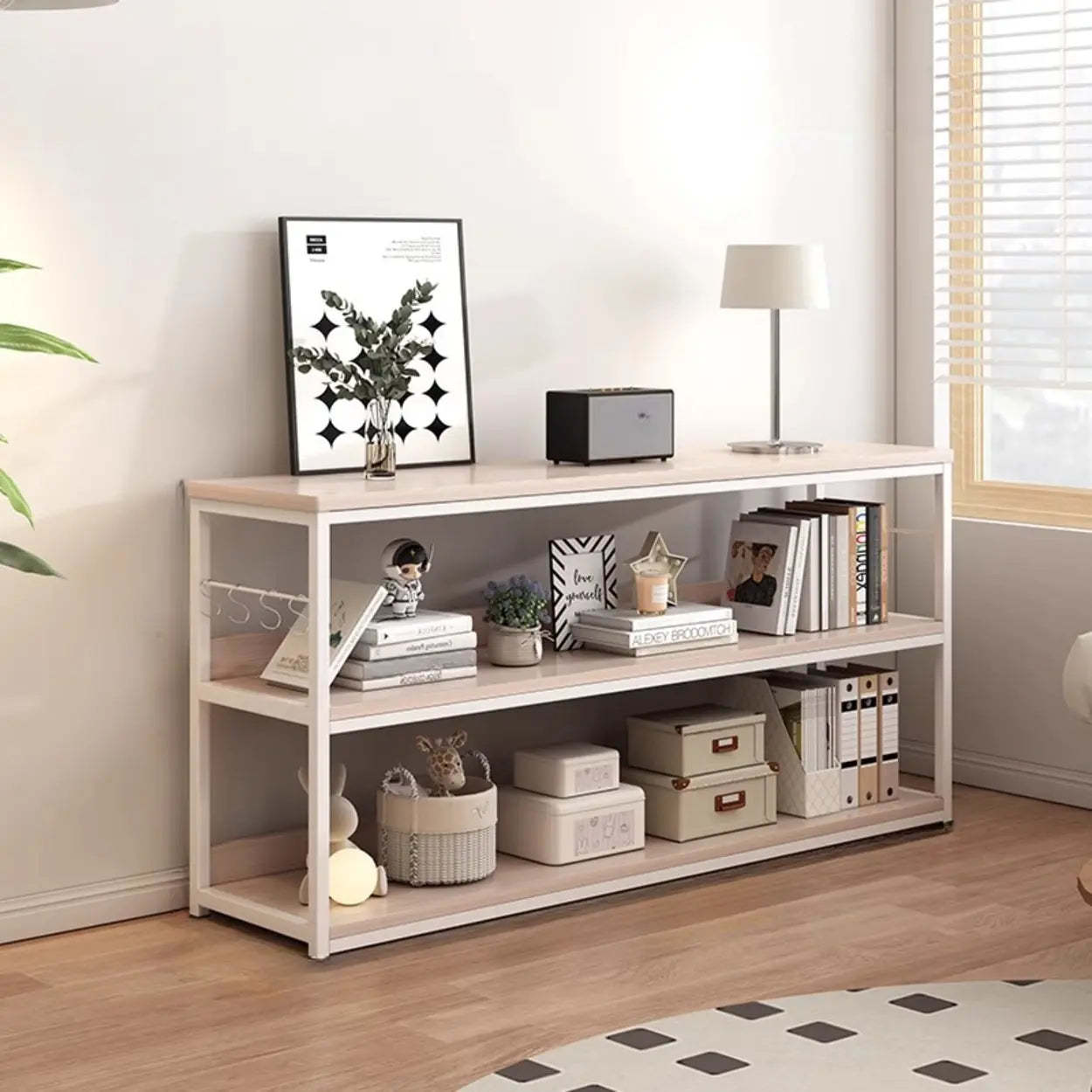Brown Wood Open Metal Frame Wide Bookcase