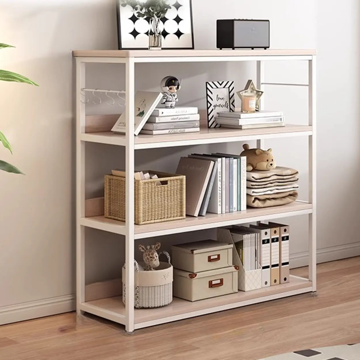 Brown Wood Open Metal Frame Wide Bookcase