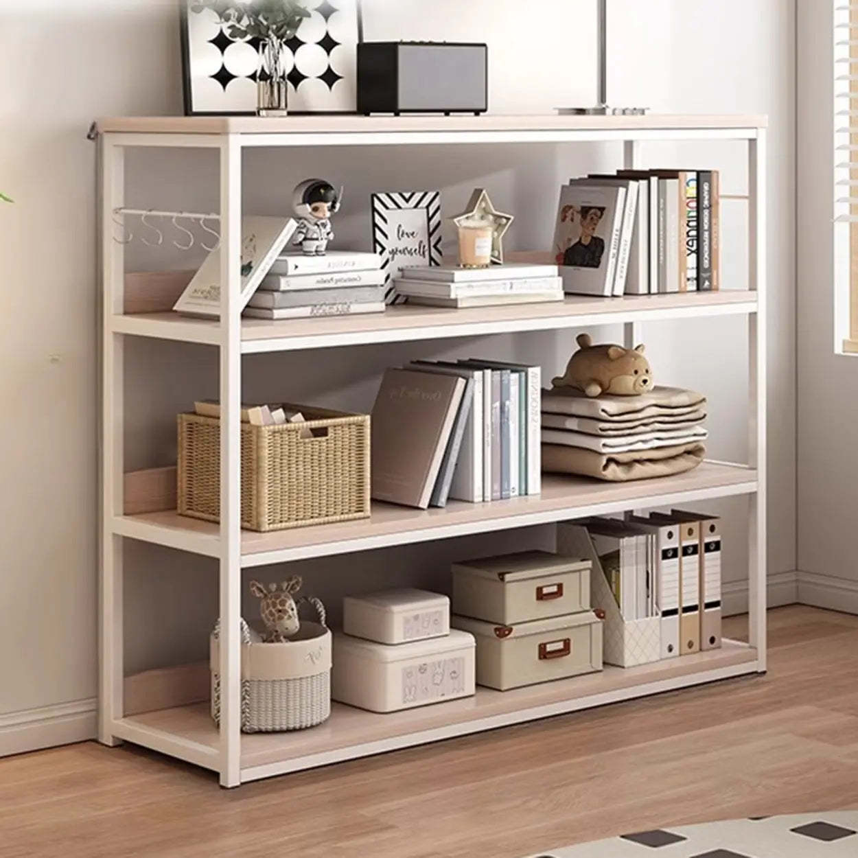 Brown Wood Open Metal Frame Wide Bookcase