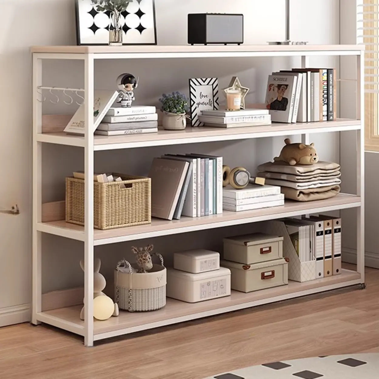 Brown Wood Open Metal Frame Wide Bookcase