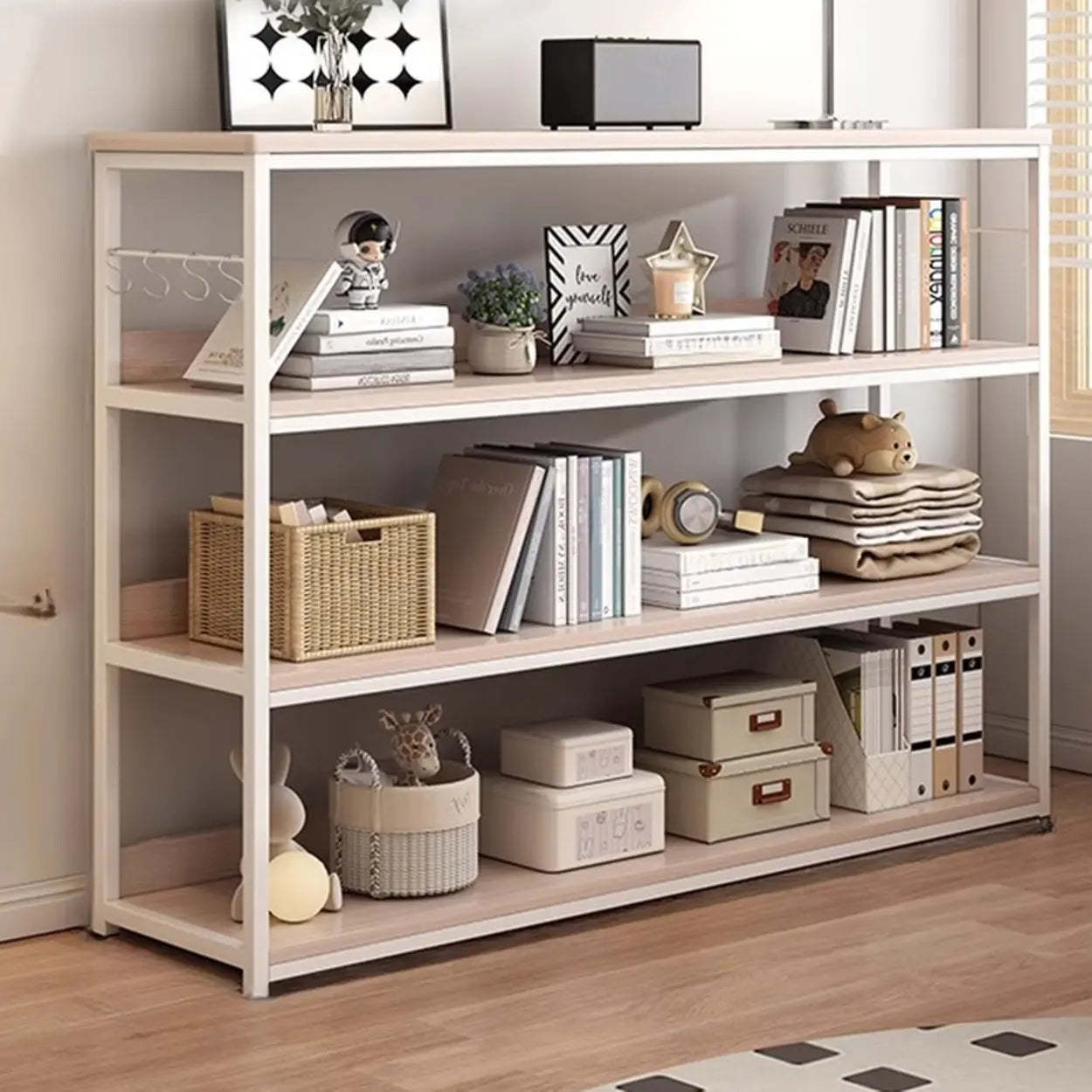 Brown Wood Open Metal Frame Wide Bookcase