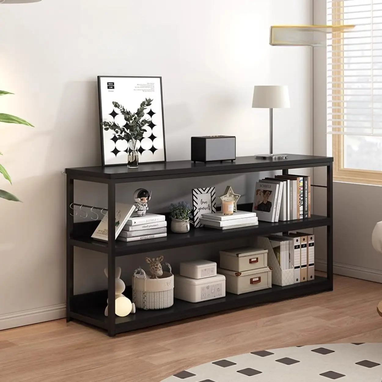 Brown Wood Open Metal Frame Wide Bookcase