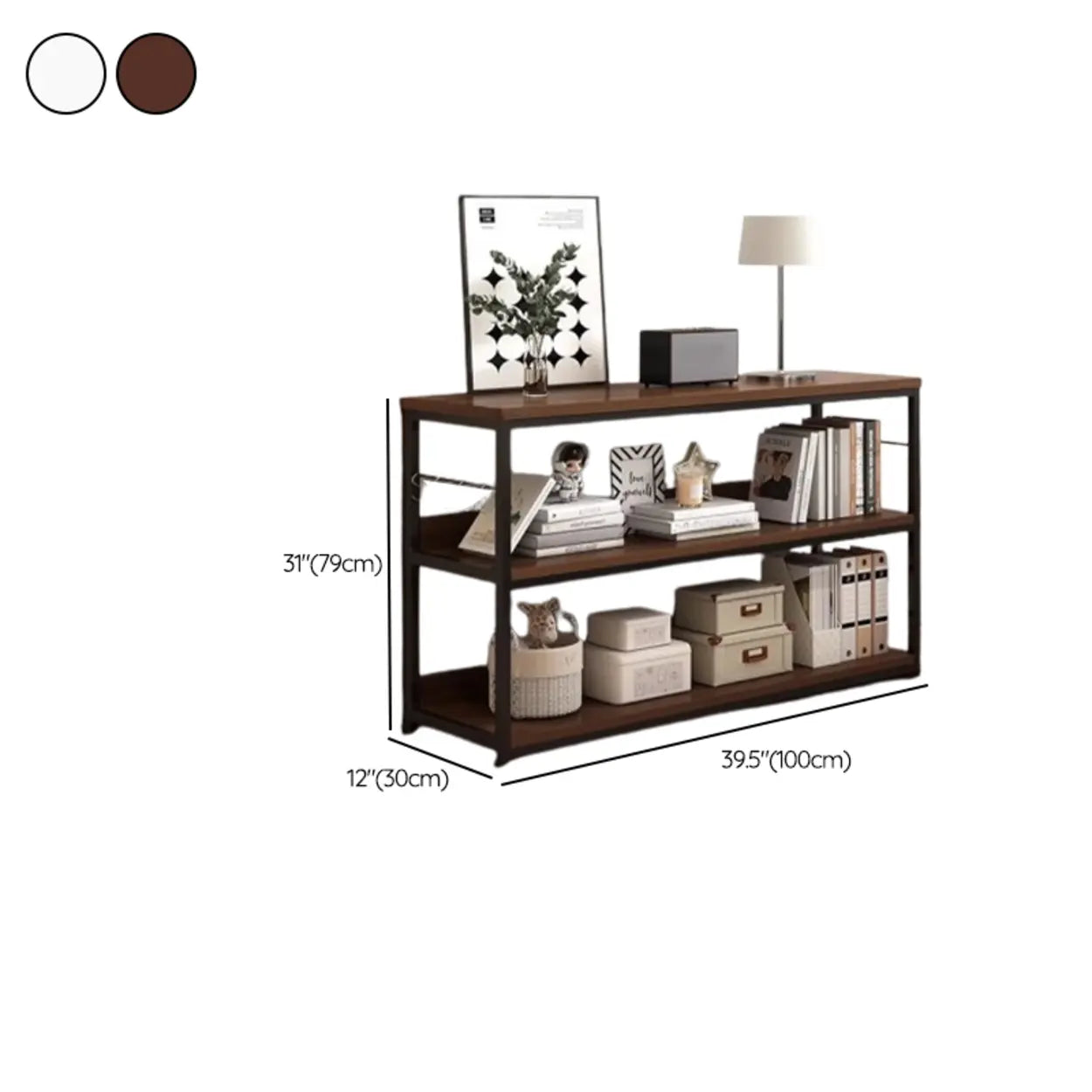 Brown Wood Open Metal Frame Wide Bookcase