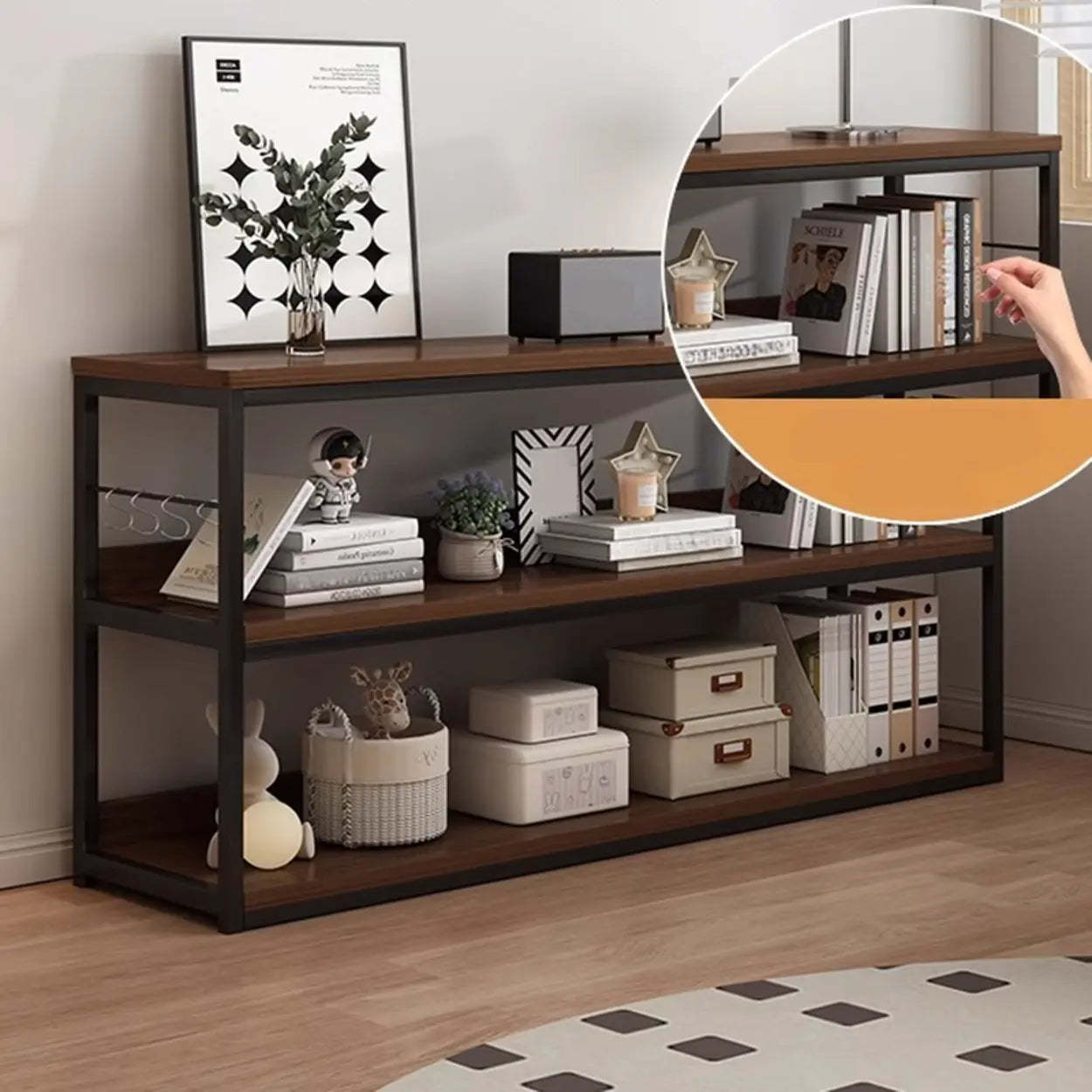 Brown Wood Open Metal Frame Wide Bookcase — Brown