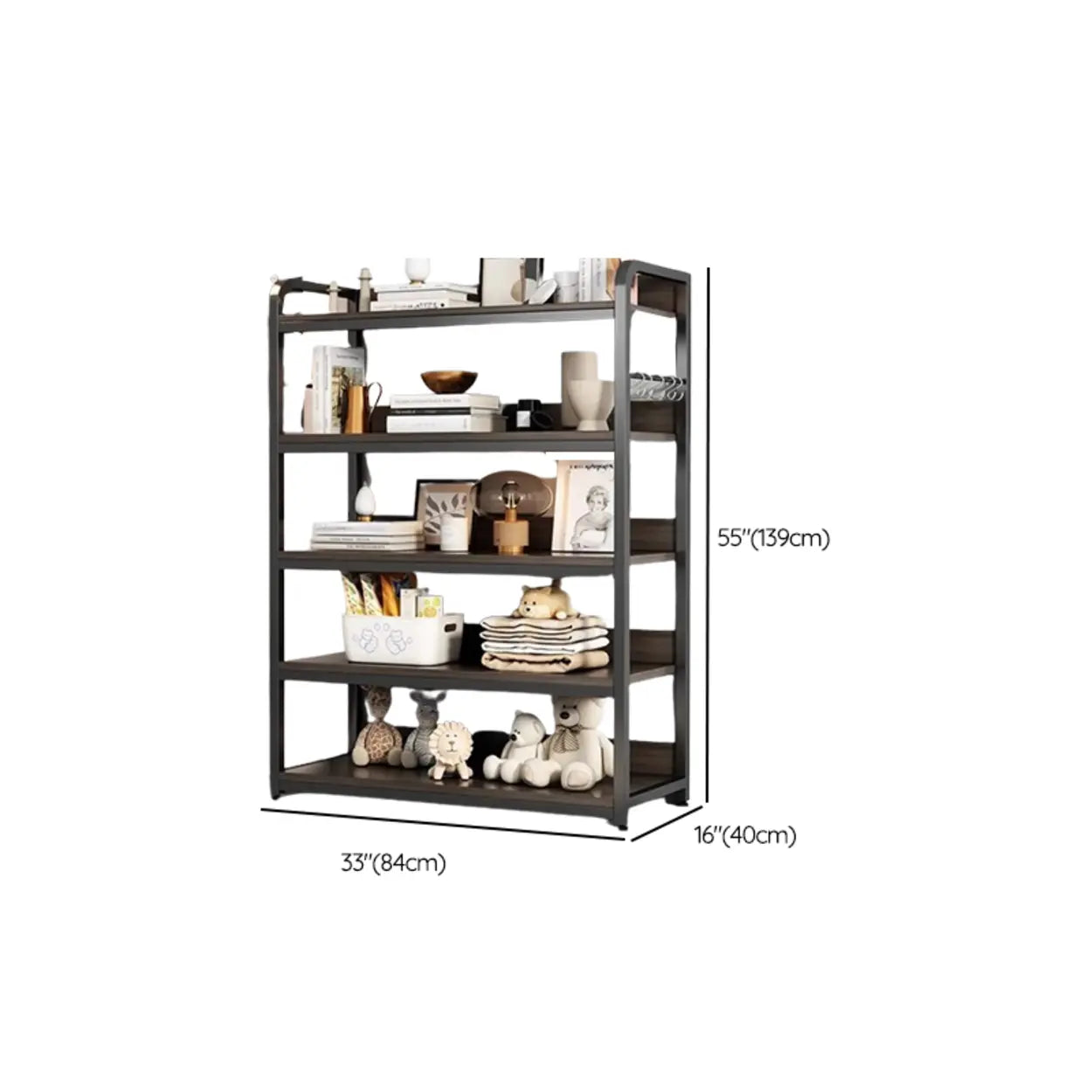 Brown Wood Open Metal Frame Wide Bookcase