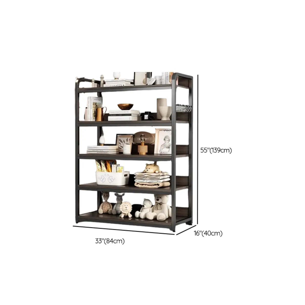 Brown Wood Open Metal Frame Wide Bookcase