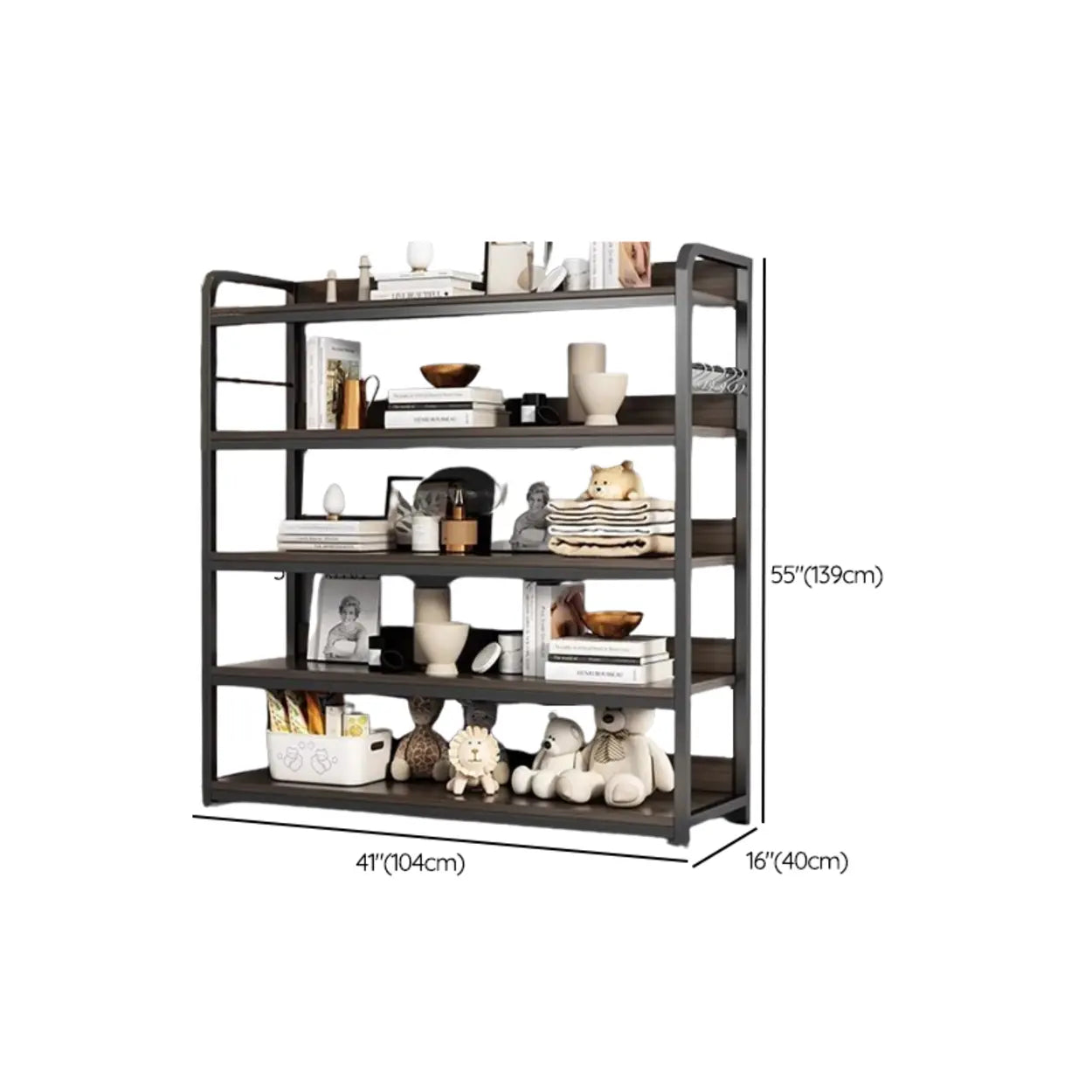 Brown Wood Open Metal Frame Wide Bookcase