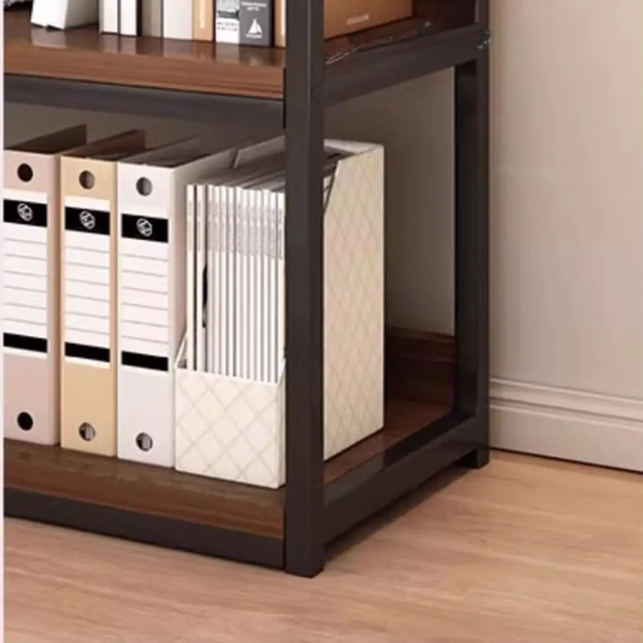 Brown Wood Open Metal Frame Wide Bookcase — Brown