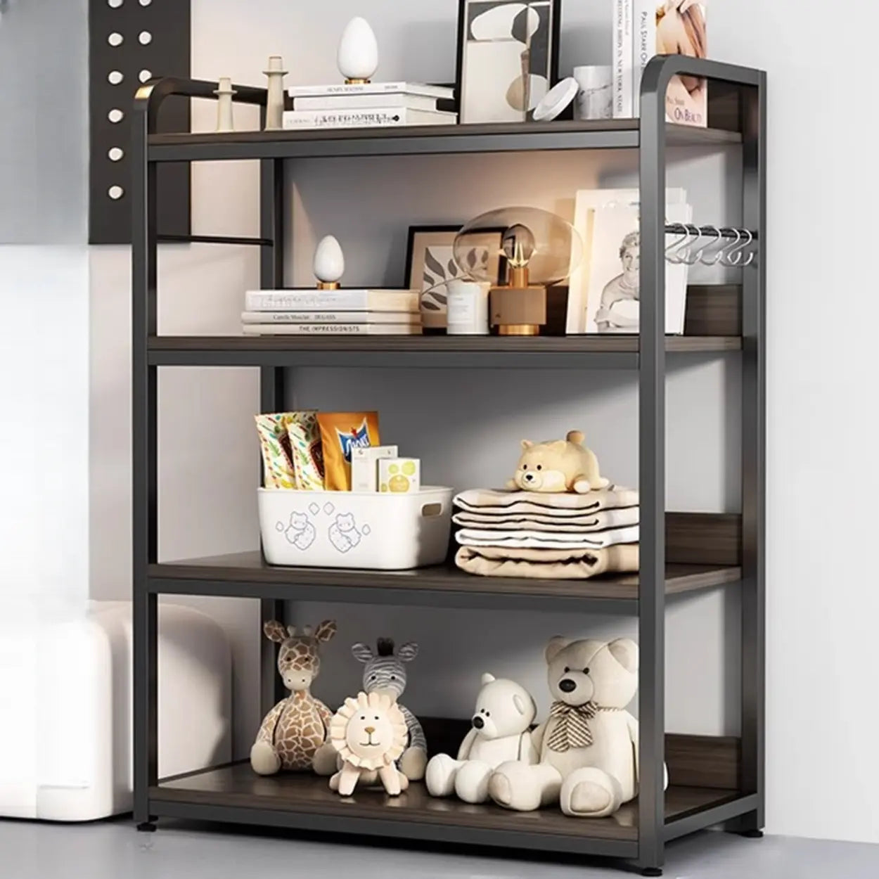Brown Wood Open Metal Frame Wide Bookcase — Off-White
