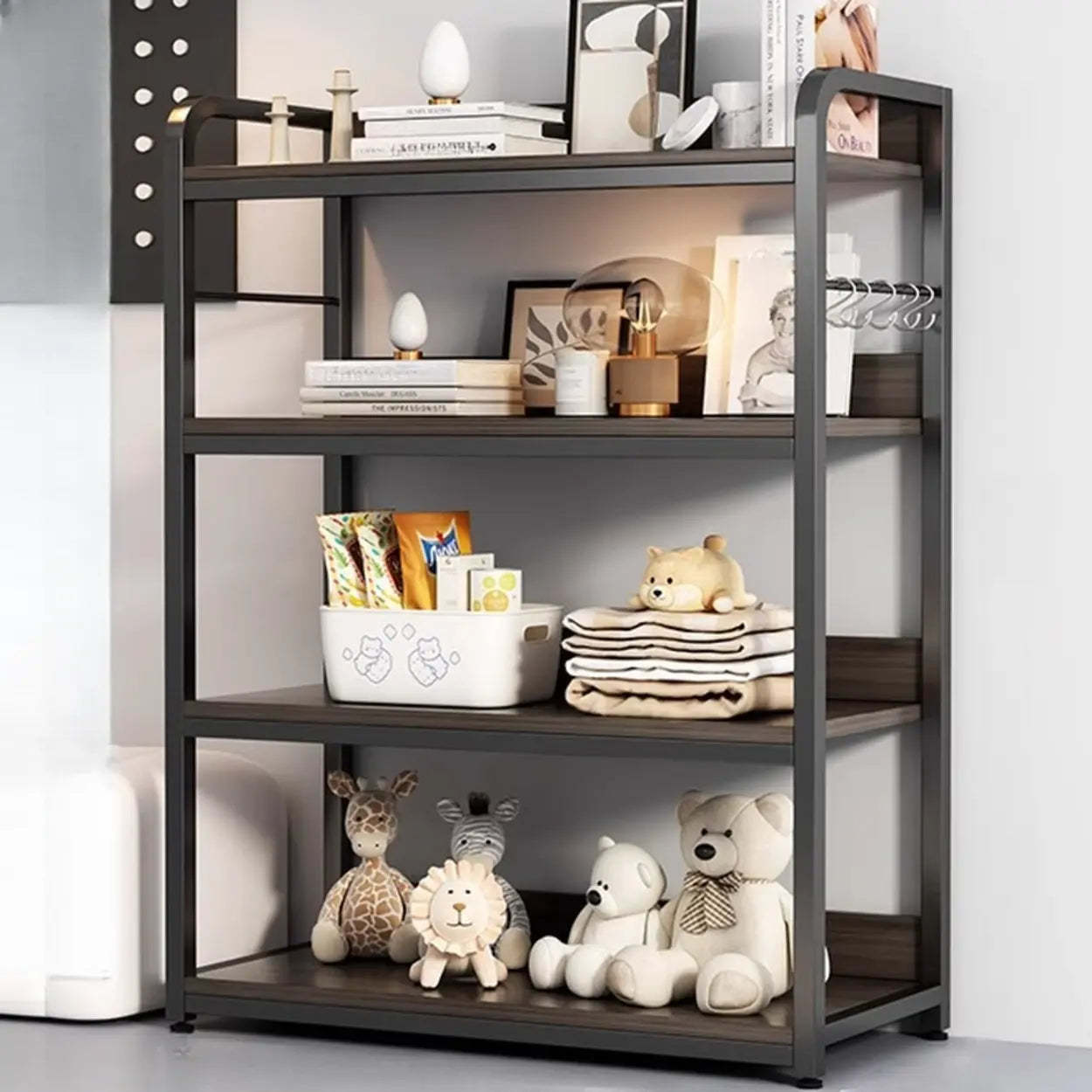 Brown Wood Open Metal Frame Wide Bookcase — Off-White