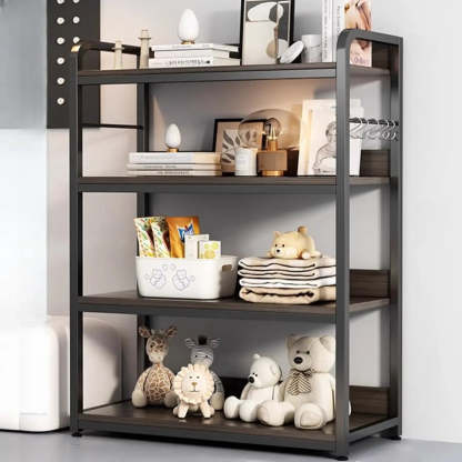 Brown Wood Open Metal Frame Wide Bookcase — Off-White