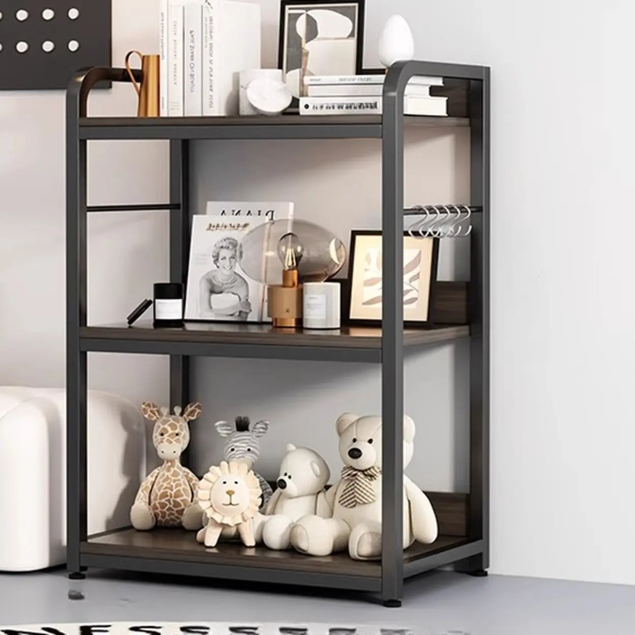 Brown Wood Open Metal Frame Wide Bookcase — Off-White