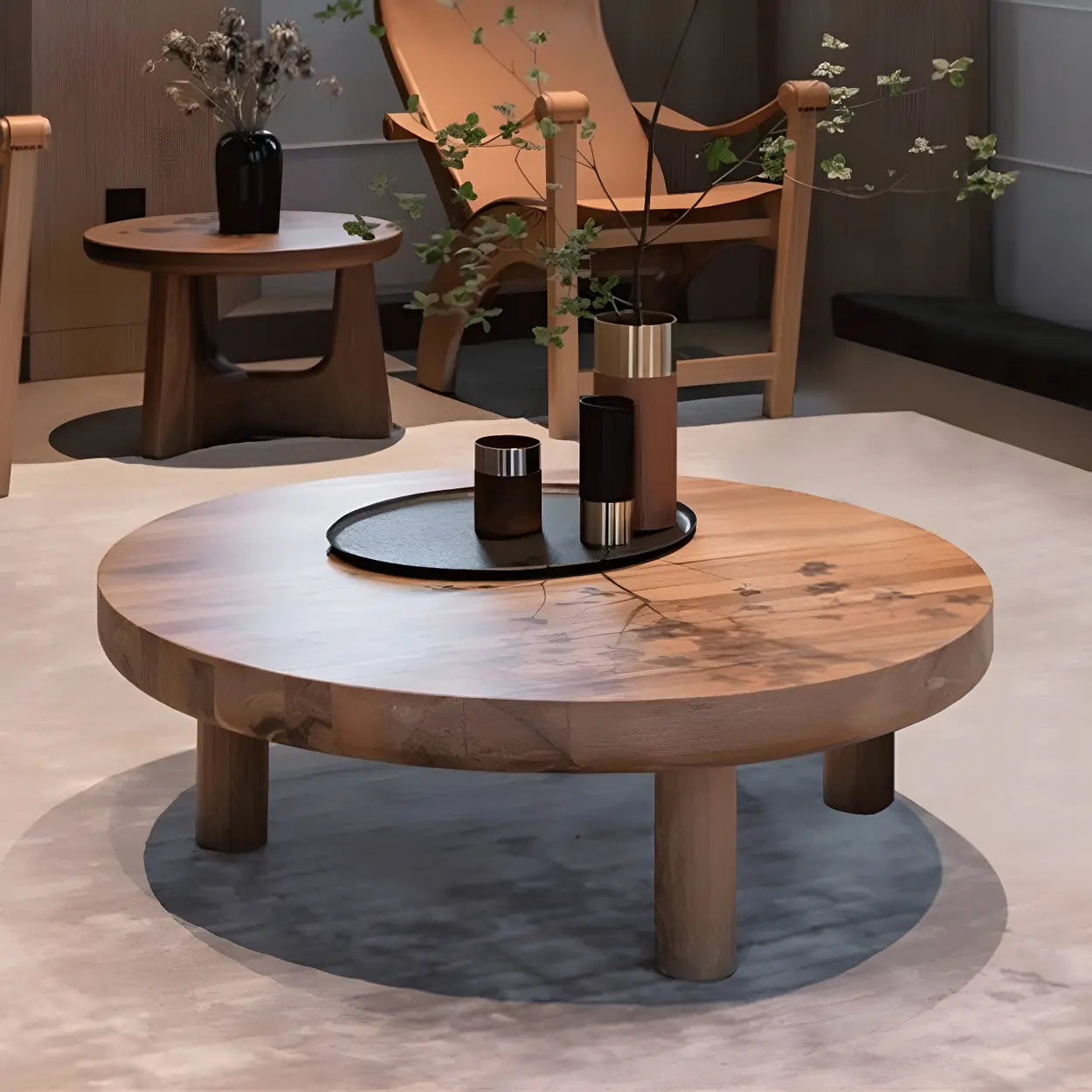 Nordic three-leg round brown coffee tables — 24"L x 24"W x 16"H