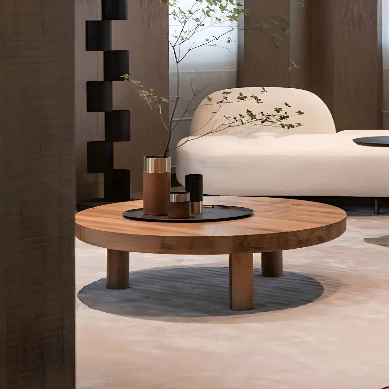 Brown nordic three-leg round coffee tables — 28"L x 28"W x 16"H