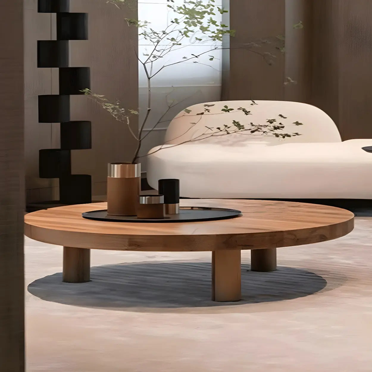 Lighom round three-leg wood coffee tables for living room — 39.5"L x 39.5"W x 16"H