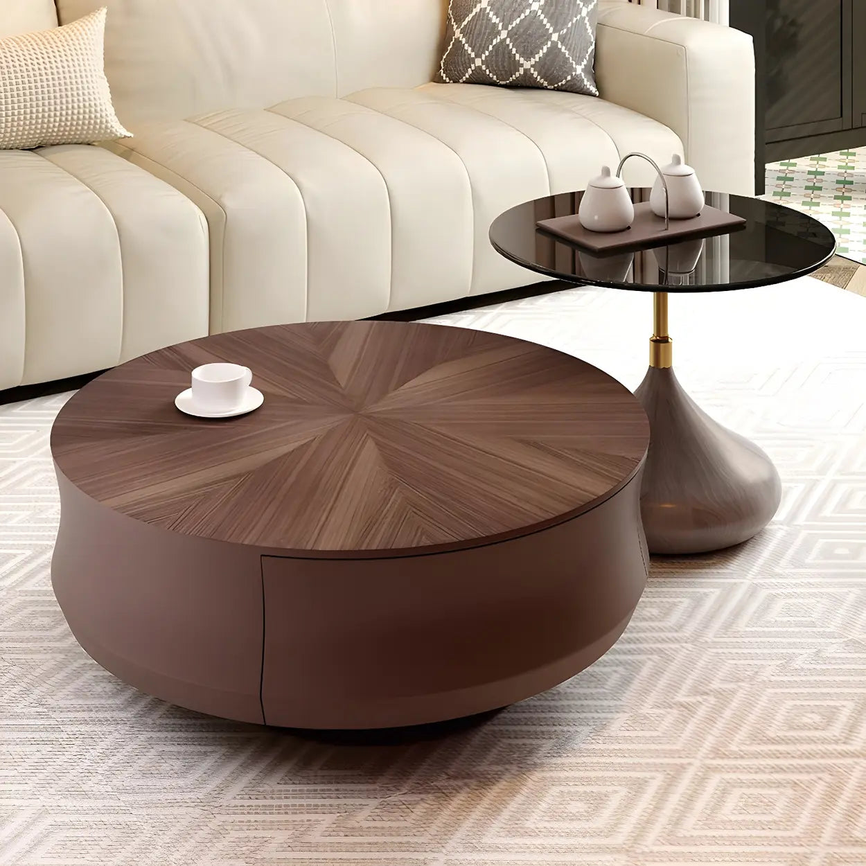 Brown Wood Texture Round Storage Coffee Table