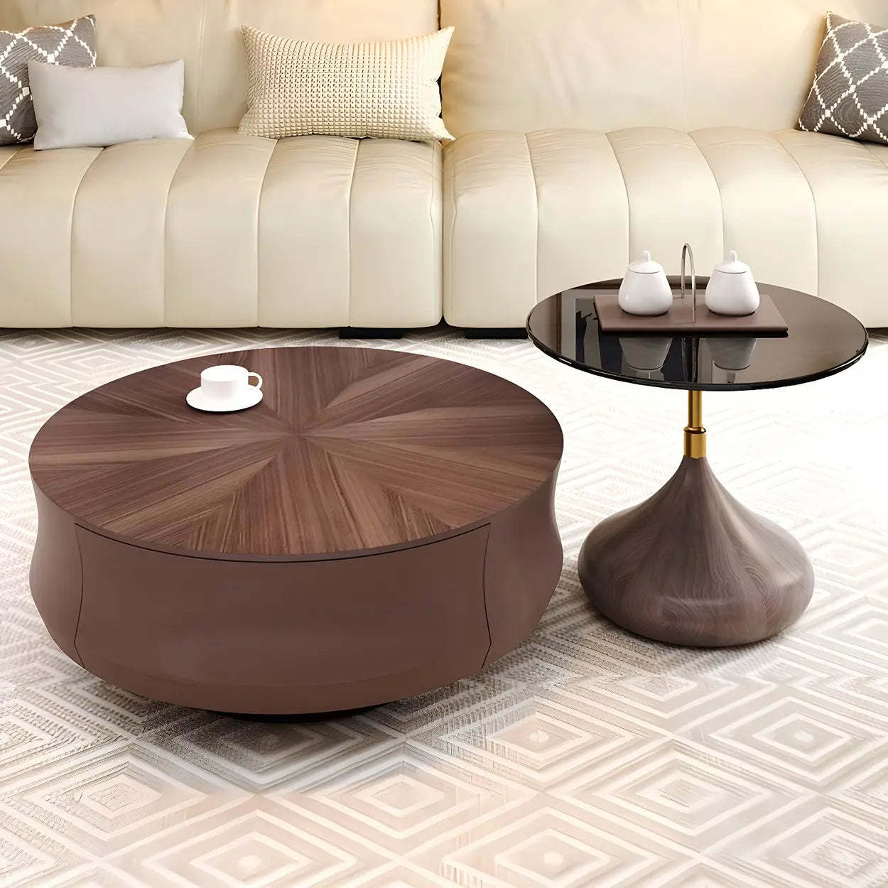Brown Wood Texture Round Storage Coffee Table