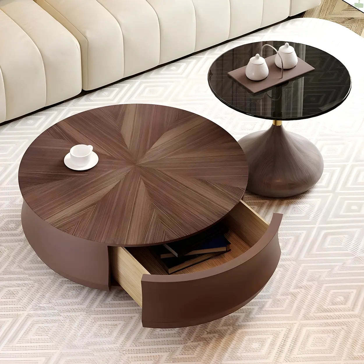 Brown Wood Texture Round Storage Coffee Table