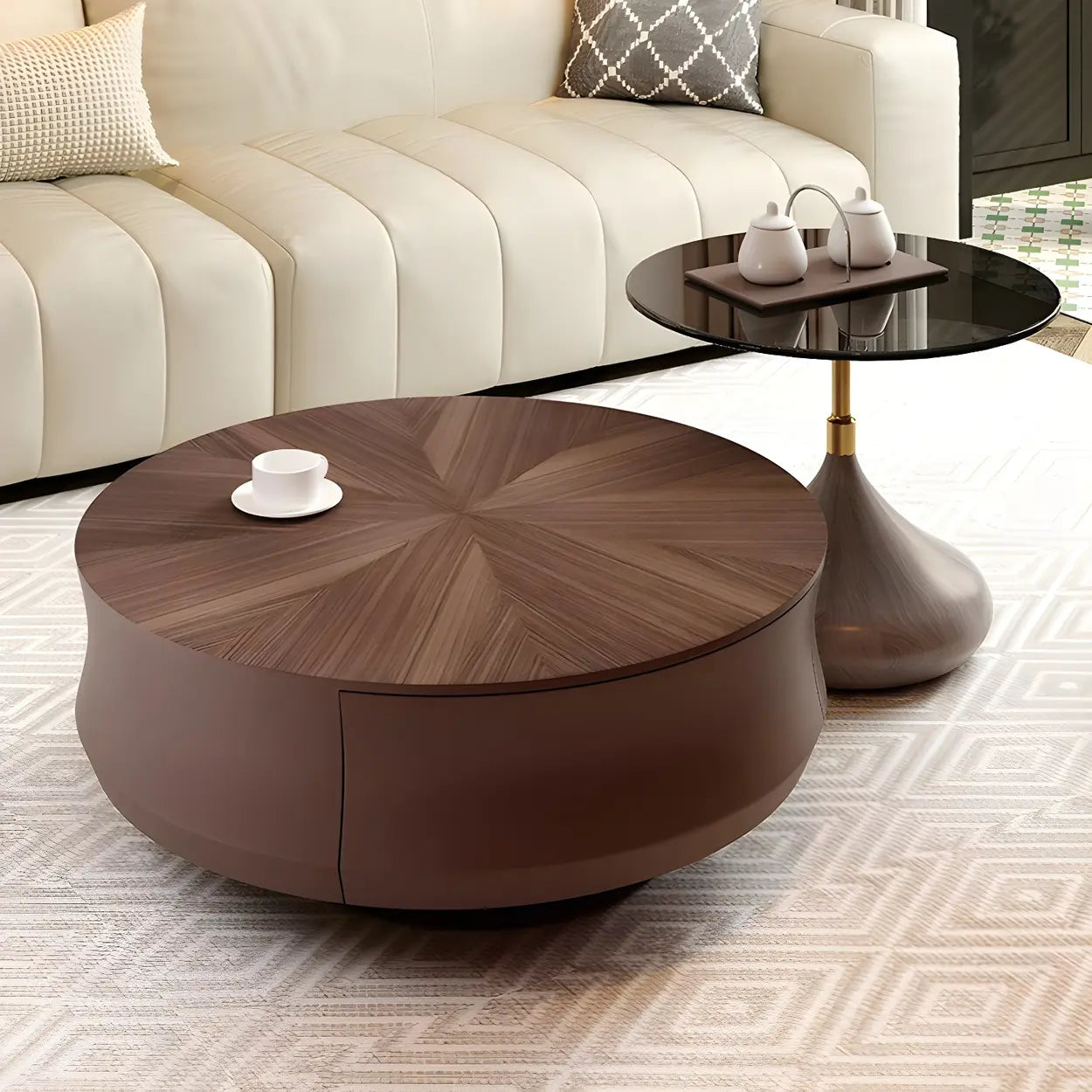 Brown Wood Texture Round Storage Coffee Table