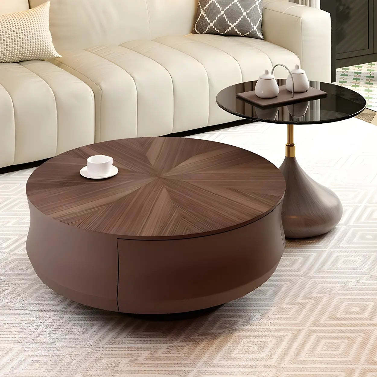 Brown Wood Texture Round Storage Coffee Table