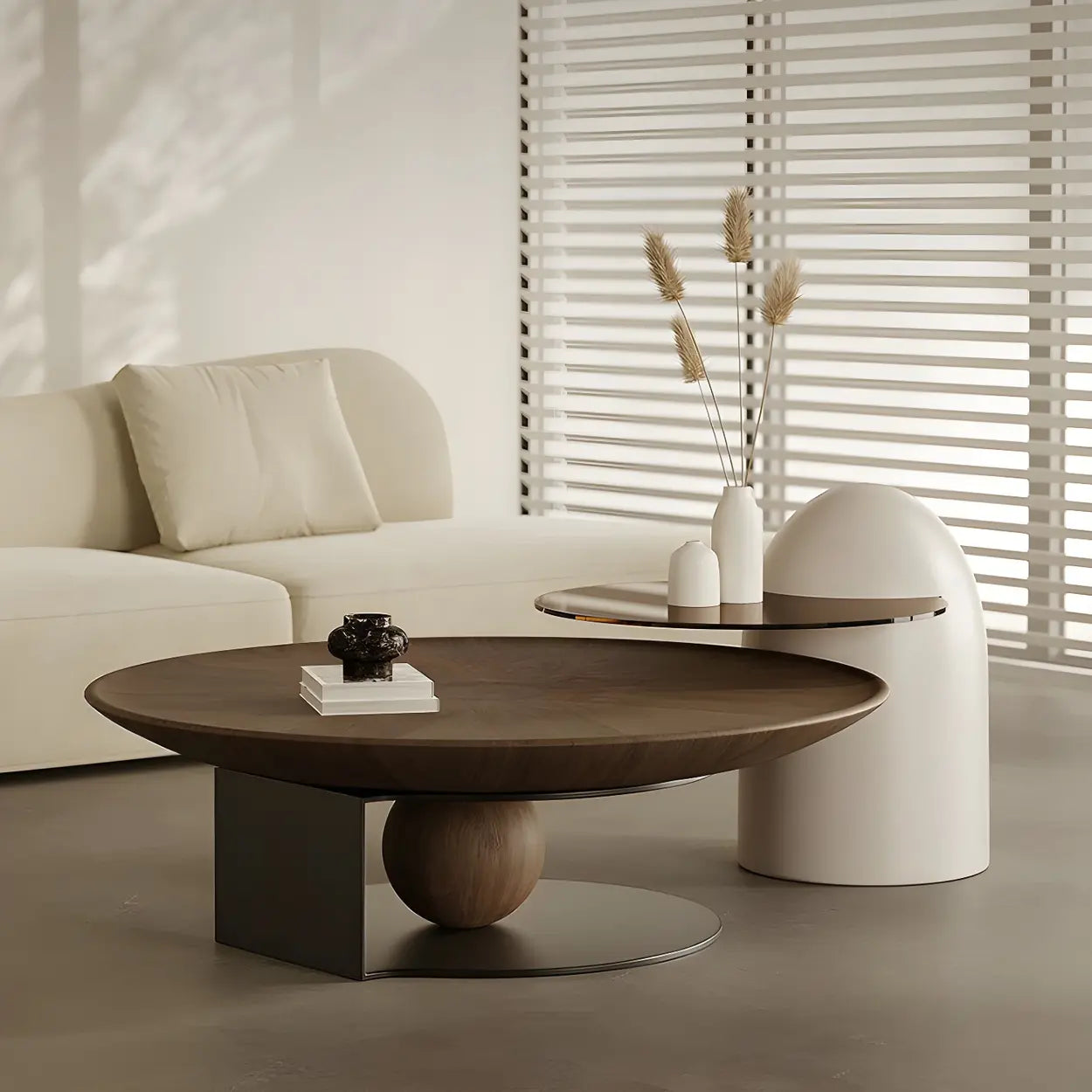 Brown Wood Tray Top Steel Base Round Coffee Table
