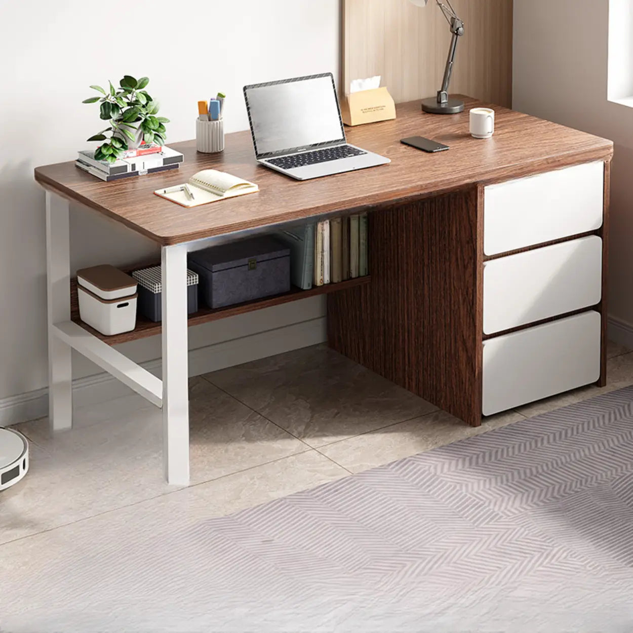 Brown Wood Writing Desk with Drawers and Shelves — Table Only