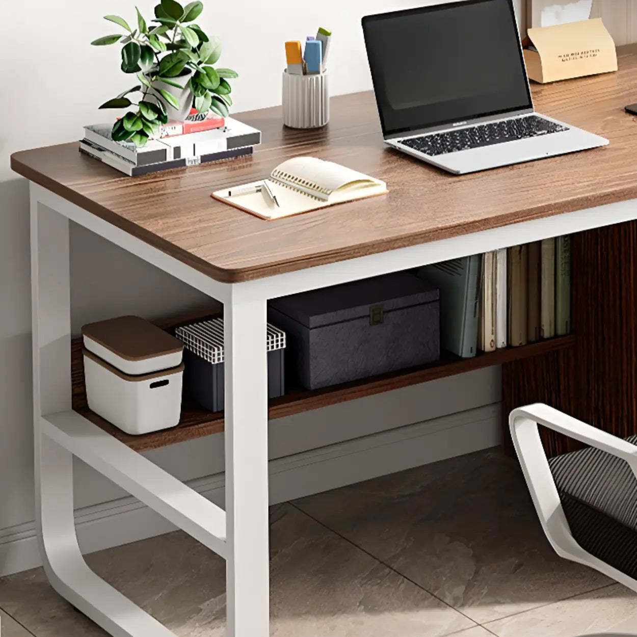Brown Wood Writing Desk with Drawers and Shelves