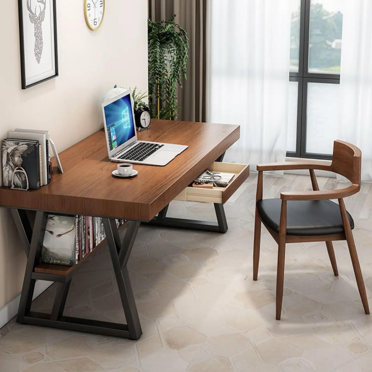 Brown Wood Writing Desk with Shelves and Drawers