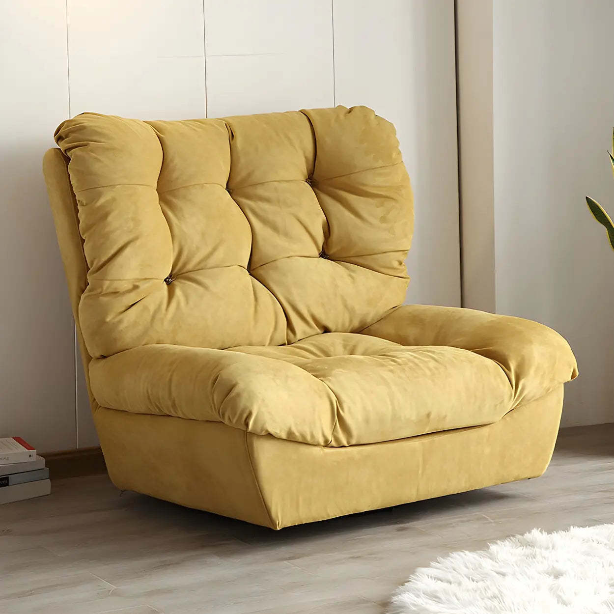 Brown Yellow Tufted Back Armless Wood Side Chair