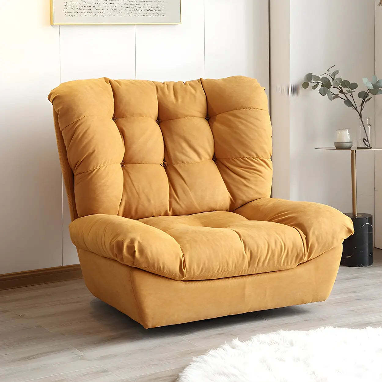 Brown Yellow Tufted Back Armless Wood Side Chair