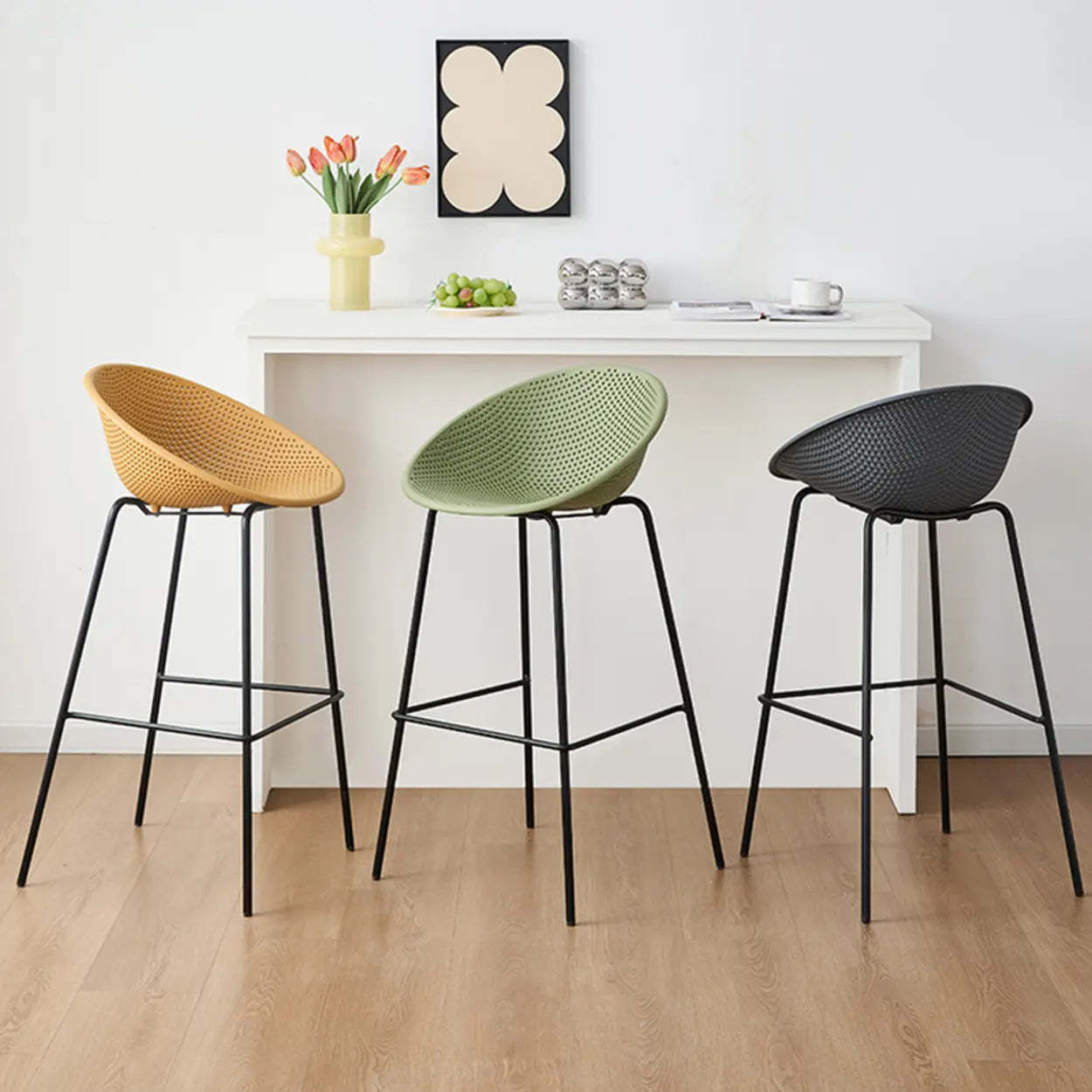 Bucket Low-Back Metal-Frame Bar Stool with Footrest — White