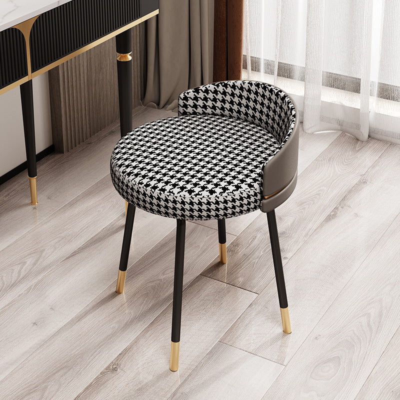 Nordic Houndstooth Leather Fabric Vanity Stool — Houndstooth Seat + Black Legs