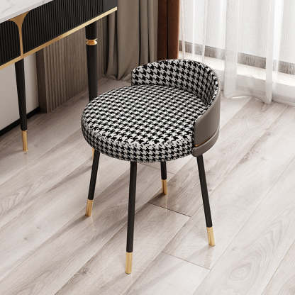 Nordic Houndstooth Leather Fabric Vanity Stool — Houndstooth Seat + Black Legs