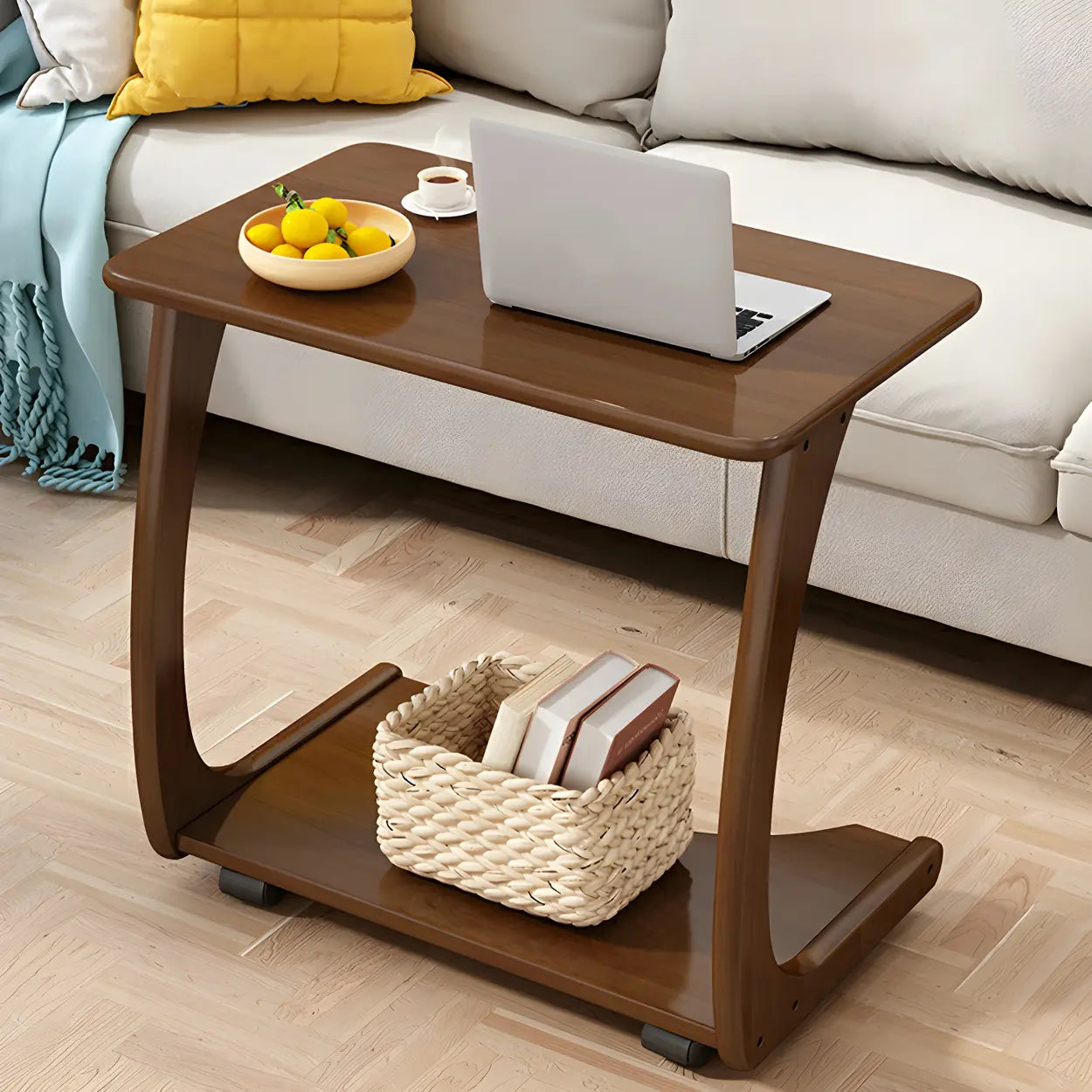 C-Shaped Walnut Multipurpose Side Table with Casters — White / 1