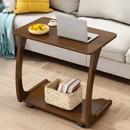 C-Shaped Walnut Multipurpose Side Table with Casters — White / 1