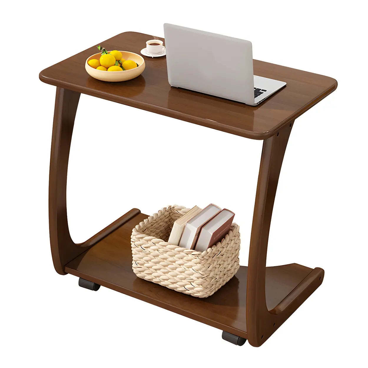 C-Shaped Walnut Multipurpose Side Table with Casters — Natural Finish / 2