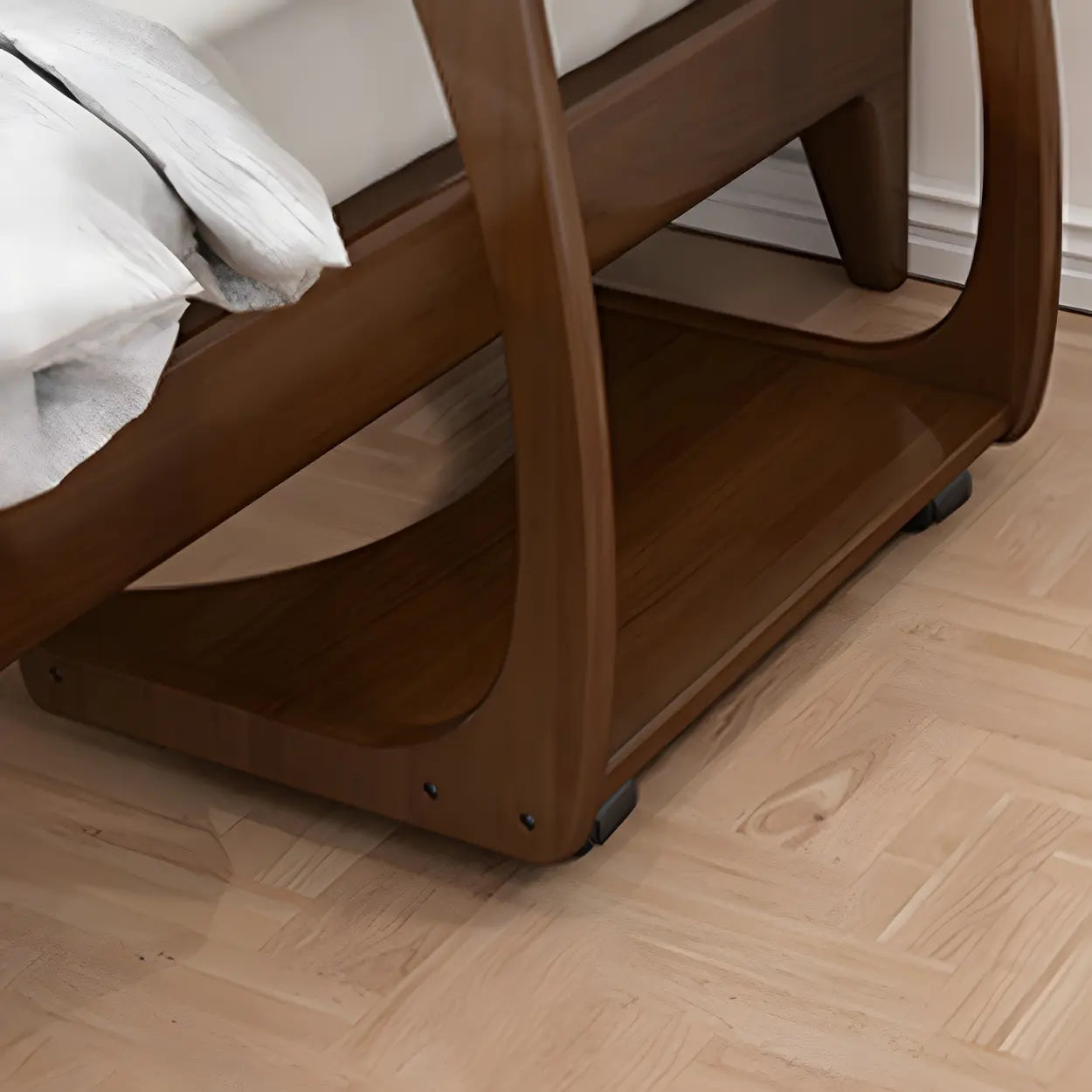 C-Shaped Walnut Multipurpose Side Table with Casters