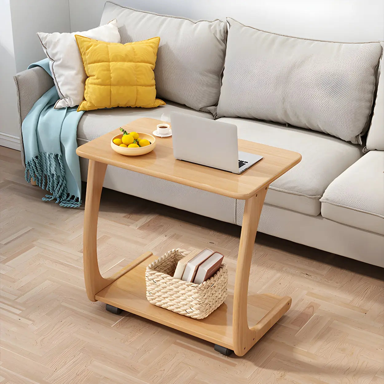 C-Shaped Walnut Multipurpose Side Table with Casters
