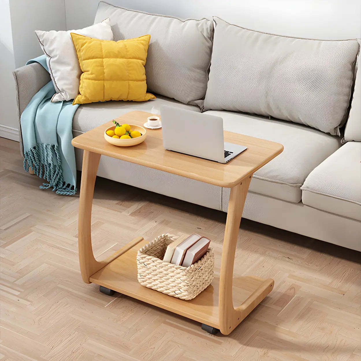 C-Shaped Walnut Multipurpose Side Table with Casters
